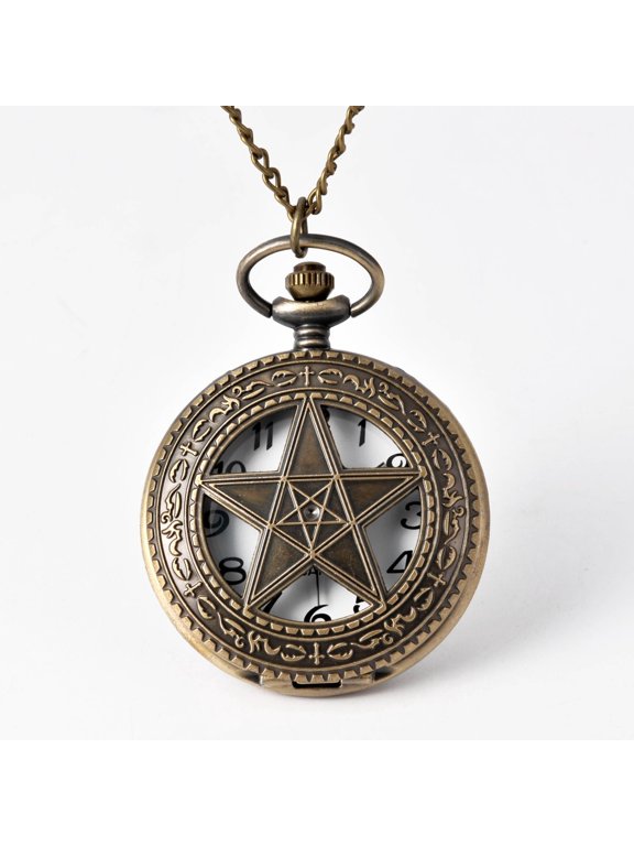 Large Bronze Quartz Pocket Watch Hollow Pentagram Cover Vintage Engraved Case Retro Pendant Timepiece