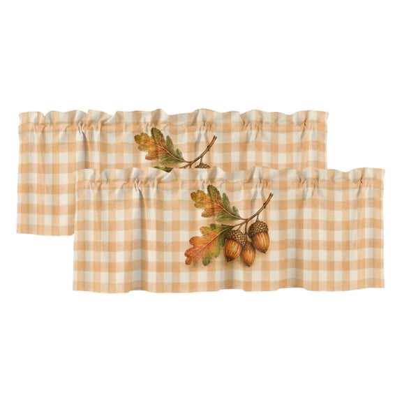 Large Brown Acorn 2 Panels Kitchen Valance, Rustic Oak Leaf Countryside Caramel Checked Plaid Curtains Valances for Small Windows Rod Pocket Window Treatments for Living Room Bedroom 42"W x 12"L