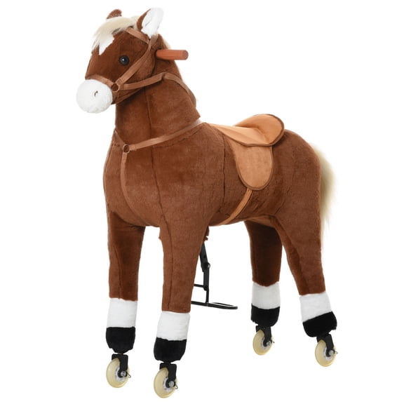 Large Brown Ride-on Horse Toy with Smooth Rolling Wheels, Plush Huggable Body for Kids Ages 5-16
