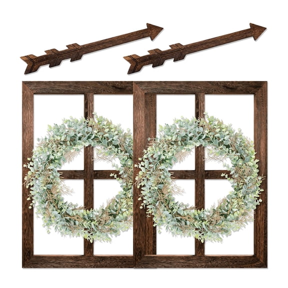 Large Brown Rustic Wood Window Frame with Green Wreath and Arrows Wall Decor Set of 2