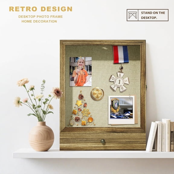 Large Brown Shadow Box Frame 16x20, 3.1" Deep Solid Wood Display Case with Removable Shelves & Drawers, Linen Back for Flowers, Pictures, Medals, Coins, Pins Collection, Memorial Gifts and More