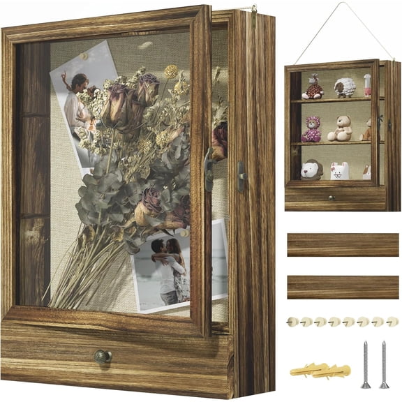 Large Brown Shadow Box Frame 16x20, 3.1" Deep Solid Wood Display Case with Removable Shelves & Drawers, Linen Back for Flowers, Pictures, Medals, Coins, Pins Collection, Memorial Gifts and More