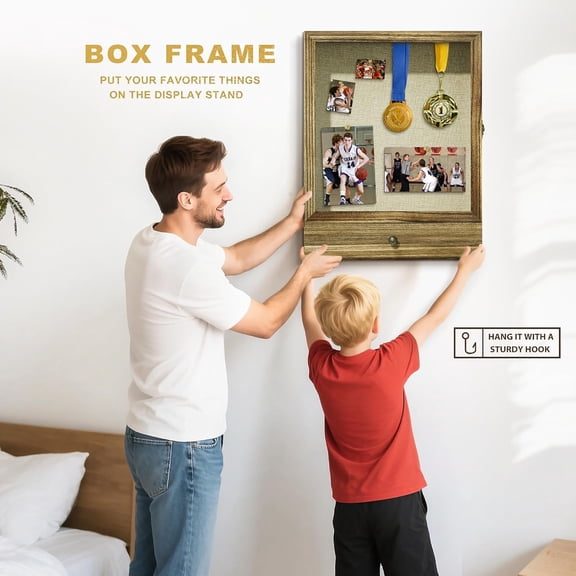 Large Brown Shadow Box Frame 16x20, 3.1" Deep Solid Wood Display Case with Removable Shelves & Drawers, Linen Back for Flowers, Pictures, Medals, Coins, Pins Collection, Memorial Gifts and More