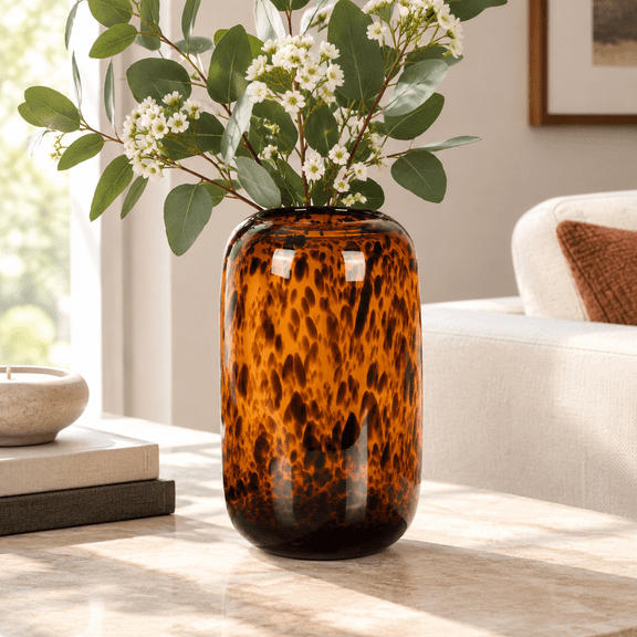 Large Brown Tortoise Shell Pattern Hand Blown Glass Decorative Vase for Home Decor