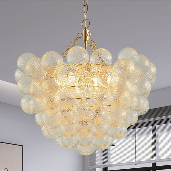 Large Bubble Glass Pendant Light, 23.6 Inch Chandelier 6-Light with Adjustable Chain, Dimmable Gold