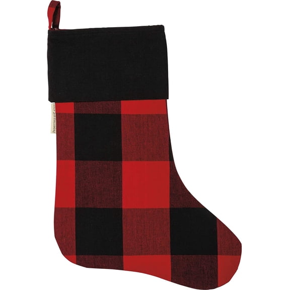 Large Buffalo Plaid Christmas Stocking - 18" H, 11" W, Black Cuff, Red and Black Checks, Double Sided, Gifts, Presents, Stocking Stuffers, Attached Hanging Loop
