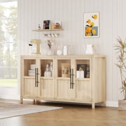 Large Buffet Cabinet with Storage, Sideboard Buffet Cabinet with Glass Doors, Modern Farmhouse Storage Cabinet Table for Kitchen Dining Room, Living Room Glass with 4 Doors