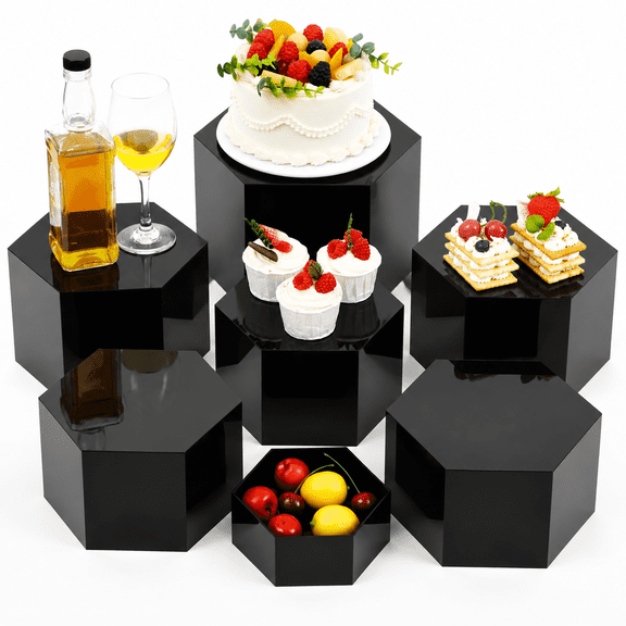 Large Buffet Risers Set 6" to 12" Acrylic Display Box Catering Dessert Table Riser Food Display Decorative Stand with Hollow Bottom for Catering Supplies (Black, Hexagonal)