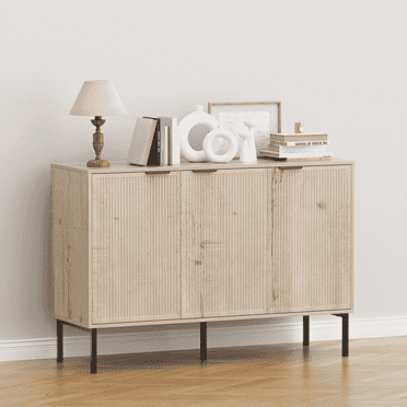 ANHDAH 46" Mid Century Modern Buffet Cabinet, Fluted Design Credenza with 3 Doors & Shelves, Dining Room Storage for Kitchen, Entryway