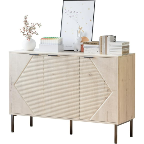 Large Buffet Sideboard Cabinet,45.98" Long Credenza Storage Cabinet,Mid Century Modern Kitchen Pantry Storage Cupboard Cabinets with 3 Doors and Shelves,Fluted Entryway Cabinets for Dining Room