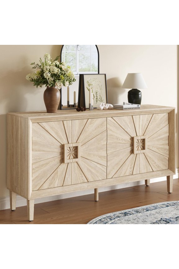 Large Buffet Sideboard Cabinet with Storage,60" Modern Cedenzas Buffet Table Farmhouse Cabinet with 4 Symmetrical Sunburst Doors for Living Room Hallway, Natural