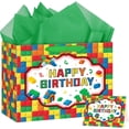 thumbnail image 1 of Large Building Blocks Birthday Gift Bag Happy Wrapping with Handles, Tissue Paper, Greeting Card for Kids Boys Girls Bricks Theme Party Decorations Supplies, 1 of 4
