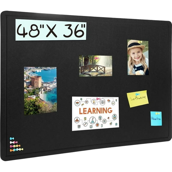Large Bulletin Board, 48 X 36 inches Felt Board Notice Pin Board, 4' x 3'Cork Board Alternative for Wall, Self-Adhesive Vision Board Mood Board Foldable Photo Board with 30 Pushpin (Black)