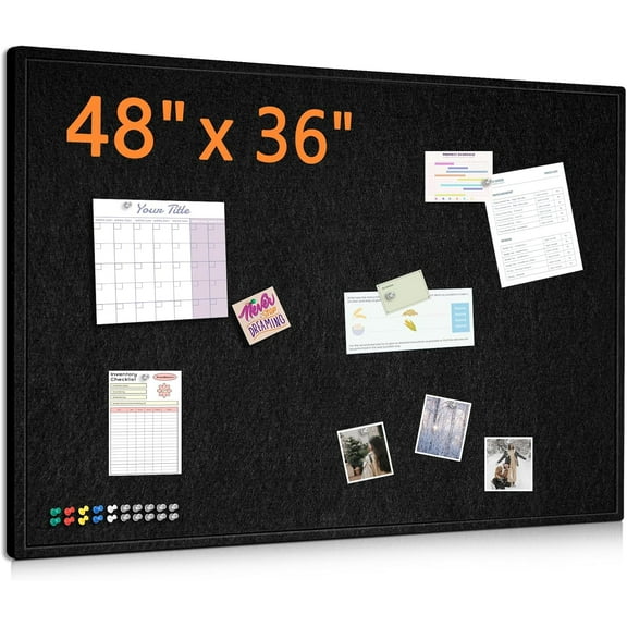 Large Bulletin Board 48" x 36" Foldable Felt Cork Board, Decorative Pin Board for Wall 4' x 3' Photo Display Board for Office Home School with 20 Pins, Black