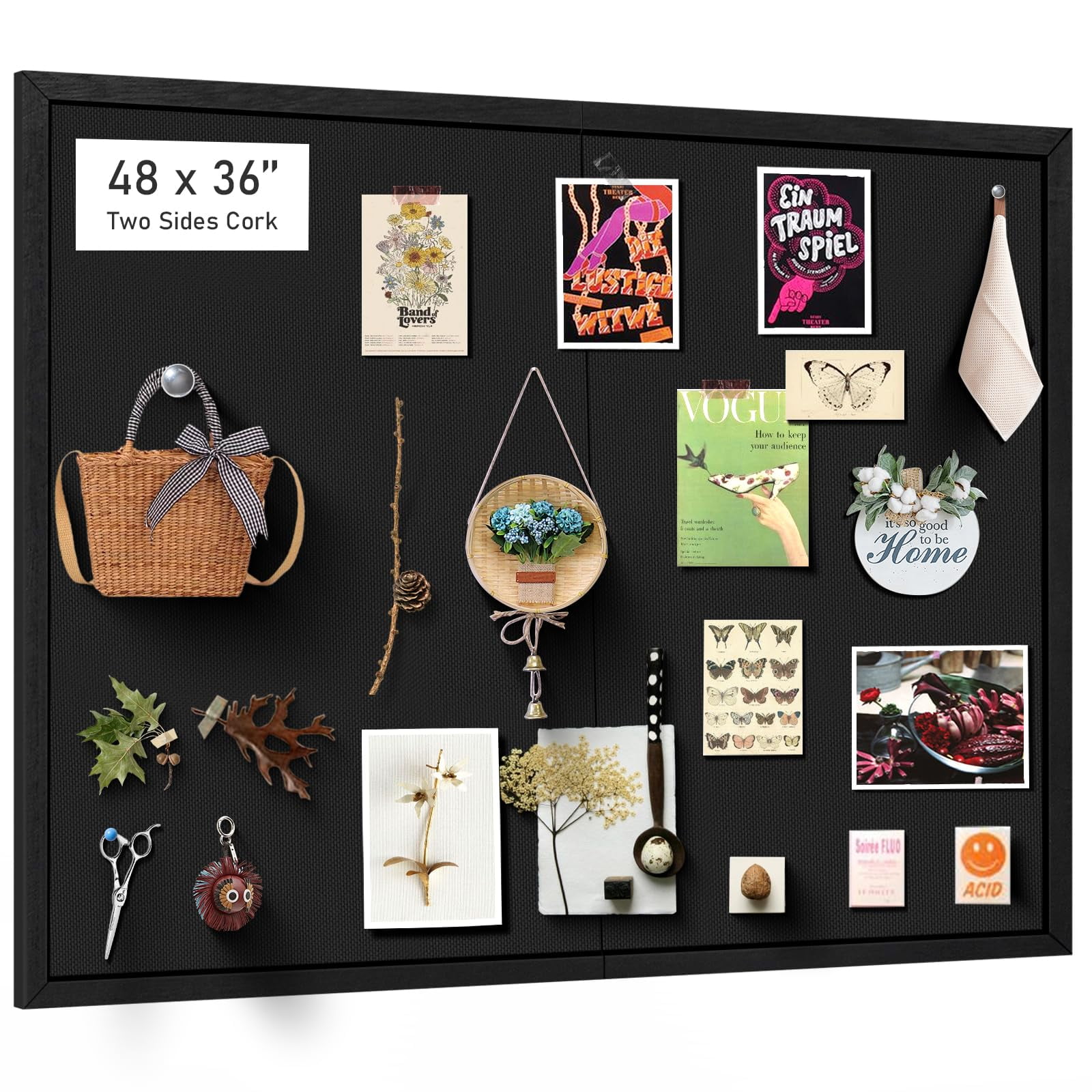Large Bulletin Board 48x36 inch with Linen Cork Boards Wall Decor Hanging Pin Wood Framed Display Bulletin Cork Photo Picture Board Light for Room School Office 30-Pushpin Black