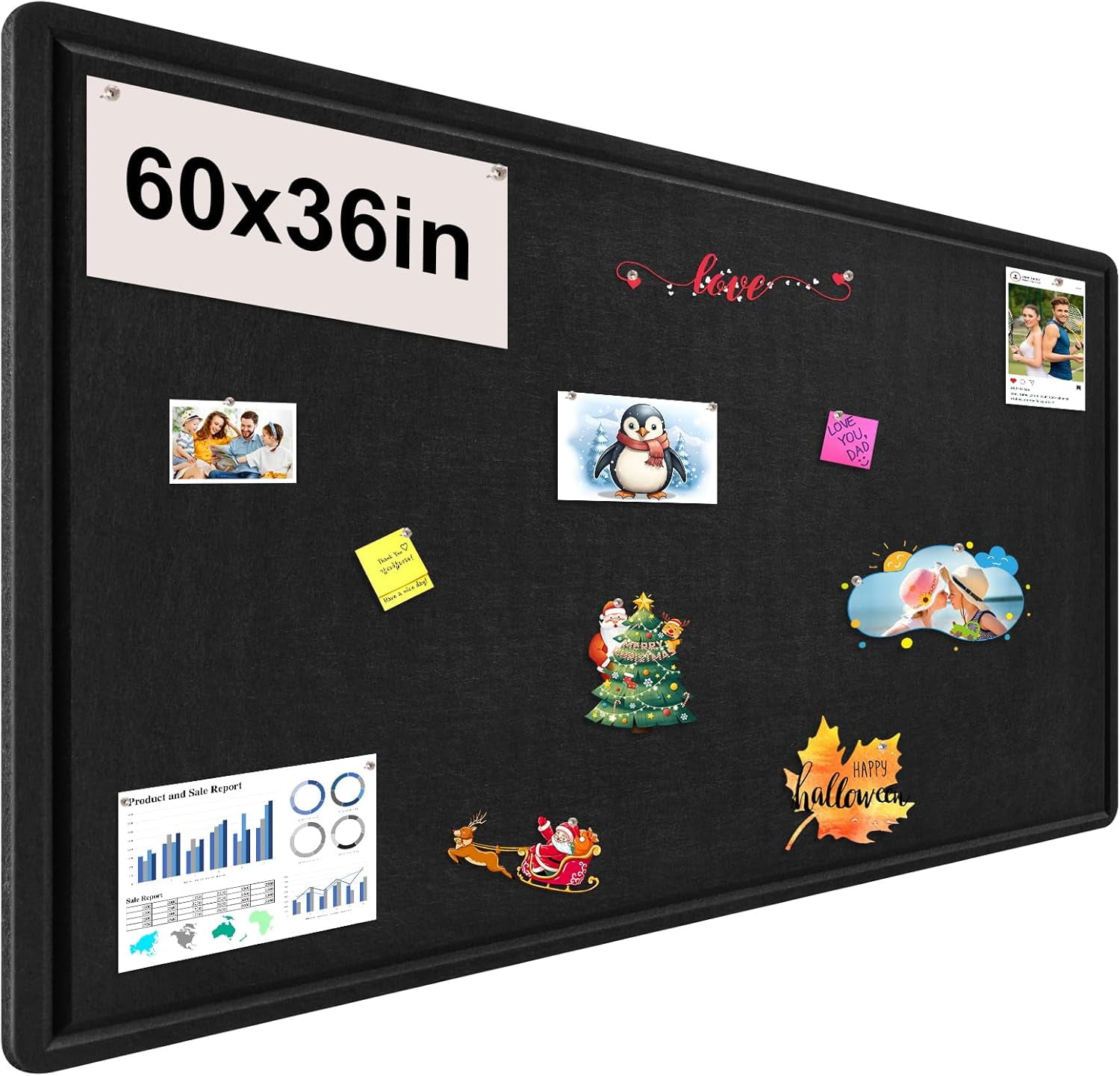 Large Bulletin Board, Foldable 60x36 Inches Cork Board Alternative, Felt Decorative Pin for Wall, Photo Self-Adhesive Vision with 36 Pushpins Black