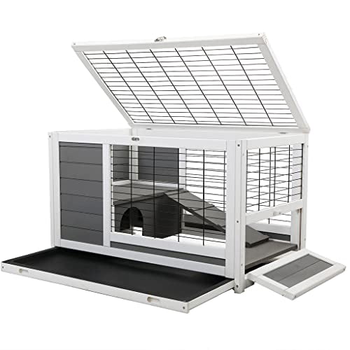 View of Large Bunny Cage, Wooden Indoor Outdoor Rabbit Hutch Elevated Cage ...
