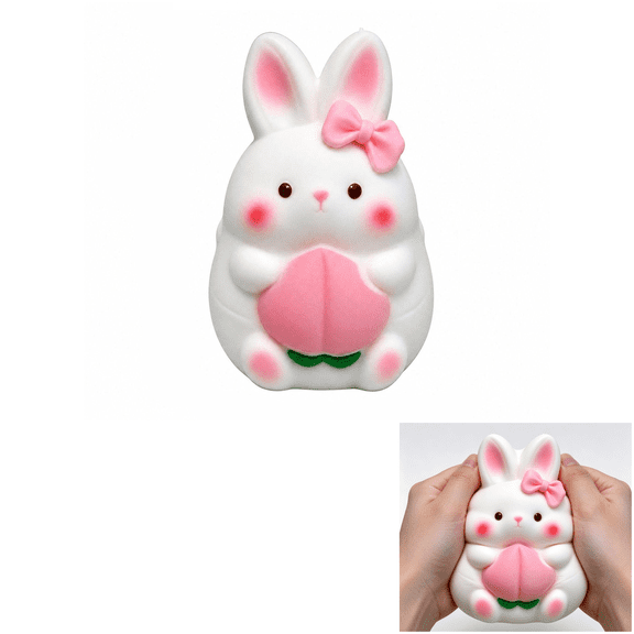 Large Bunny Squishy Toy with Peach & Pink Bow, Crunchy Block Filled Stress Relief Squeeze for Office Relaxation & ASMR Sensory Play, White