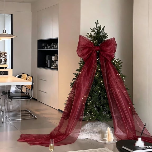Large Burgundy Christmas Bow Tree Topper - 1.6x6.6FT Sheer Fabric Bow with Long Tails for Xmas Tree, Mantle, Wall & Holiday Decor, Elegant Festive Decoration