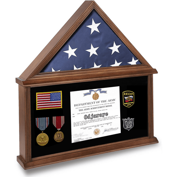 Large Burial Flag Case - Solid Wood Display Case for 5x9.5 Folded Military Flag with Certificate Holder - Walnut Finish