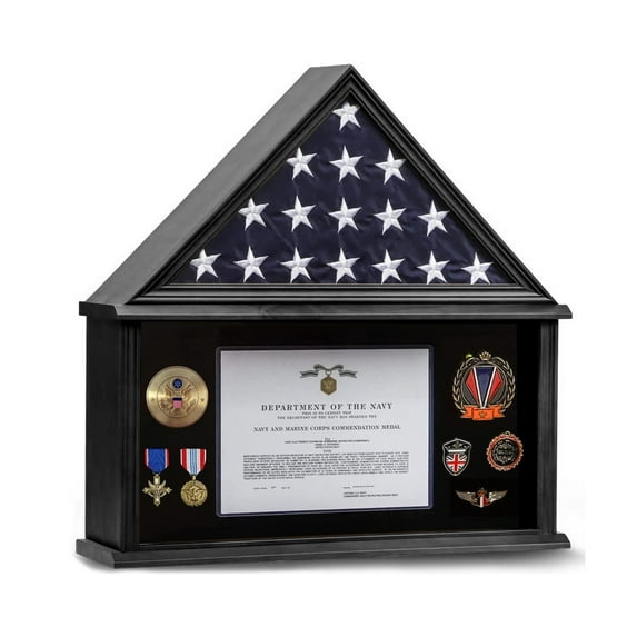 Large Burial Flag Display Case Solid Wood - American Flag Display Case Fits a 5 'x 9. 5 ' Flag Folded Military Shadow Box with Certificate Holder, Black