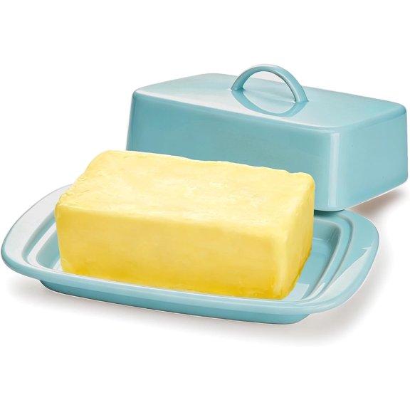 Large Butter Dish with Lid for Countertop, Porcelain 8oz Butter Keeper with Handle Cover Design, 7.7 Inch Butter Container Perfect for East/West Coast Butter, Light Blue