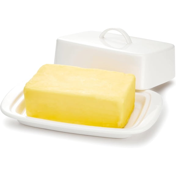 Large Butter Dish with Lid for Countertop, Porcelain 8oz Butter Keeper with Handle Cover Design, 7.7 Inch Butter Container Perfect for East/West Coast Butter, White