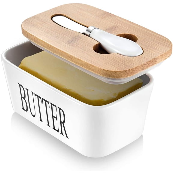 Genwiss Large Ceramic Butter Dish with Lid and Knife, Stainless Steel, Durable and Convenient