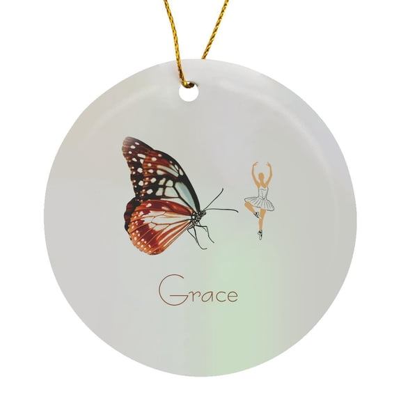 3drose, Large Butterfly and Small Dancing Ballerina. Grace. Elegant Gift, Circle Porcelain Ornament