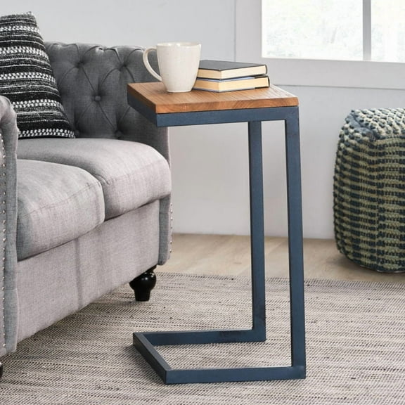 C-Shaped End Table with Iron Base and Fir Wood Top, Black