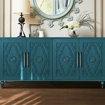 Large Cabinet With Metal Handle & Beautifully Flower Doors For Entryway - Navy Blue Wooden Storage Elegant