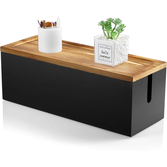 Large Cable Management Box, Wooden Cord Organizer Box for Desk, Floor, Office to Hide Extension Cords Power Stripes Surge Protectors Chargers Wires, Black