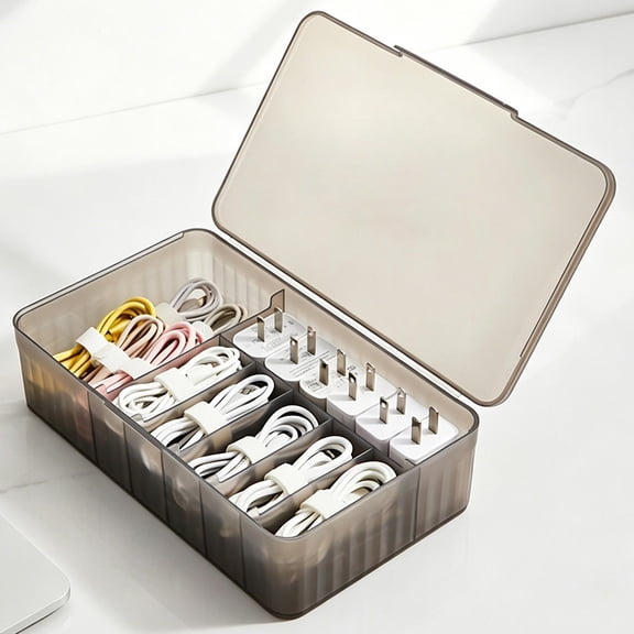 Large Cable Storage Box with Lid, Plastic Power Cords Organizer for Desk Drawer, Clear Home Office Container for Cell Phone Charger, Art Crafts and Stationery