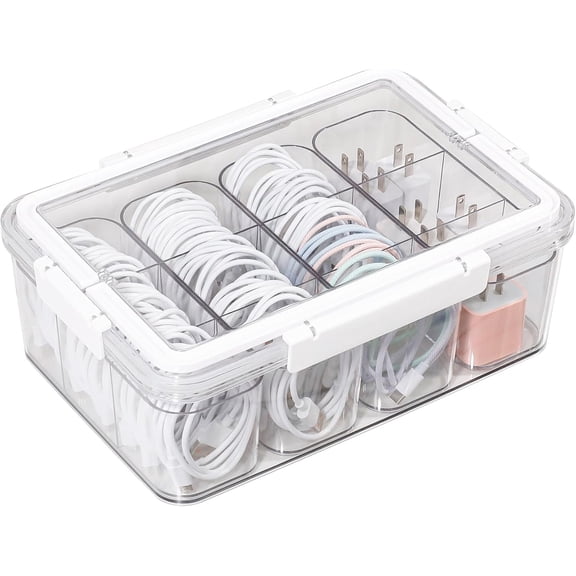 Large Cable Storage Box with Lid, Plastic Power Cords Organizer for Desk Drawer, Clear Home Office Container for Cell Phone Charger, Art Crafts and Stationery