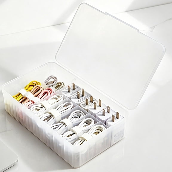 Large Cable Storage Box with Lid, Plastic Power Cords Organizer for Desk Drawer, Clear Home Office Container for Cell Phone Charger, Art Crafts and Stationery