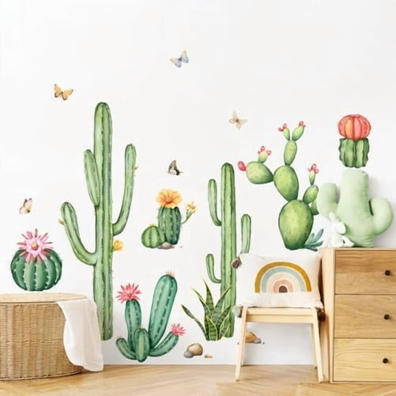 Large Cactus Wall Decals Green Plants Wall Stickers Peel and Stick Tropical Art Decor for Living Room Bedroom Kitchen Sofa TV Background$$Tools