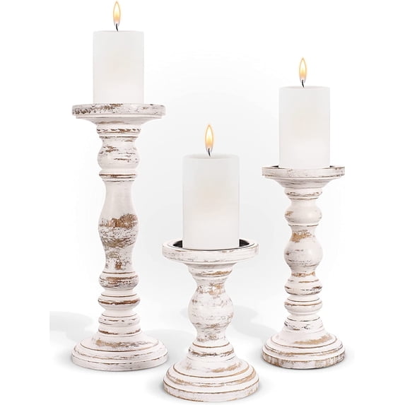 Large Candle Holders for Pillar Candles - Rustic Farmhouse Style Home Decor - Perfect for Table Centerpieces, Coffee Table or Fireplace Mantel - 3 Piece Set - Rustic White