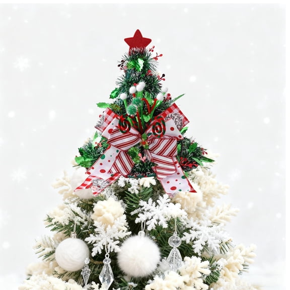 Large Candy Bows Hat for Christmas Tree Topper,Holiday Christmas Tree Topper Hat with Peppermint Bows Ribbon Decoration,Candy Christmas Decoration