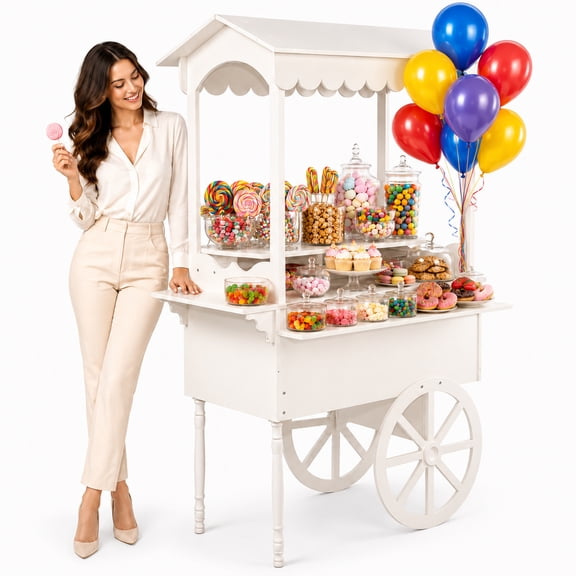 Large Candy Cart Display with Wheels, Party Dessert Cart with 100 Balloons 37.5"×20.4"×67.7", PVC Candy Cart, Decorative Dessert Display Stand for Parties, Weddings, Events and Retail Displays