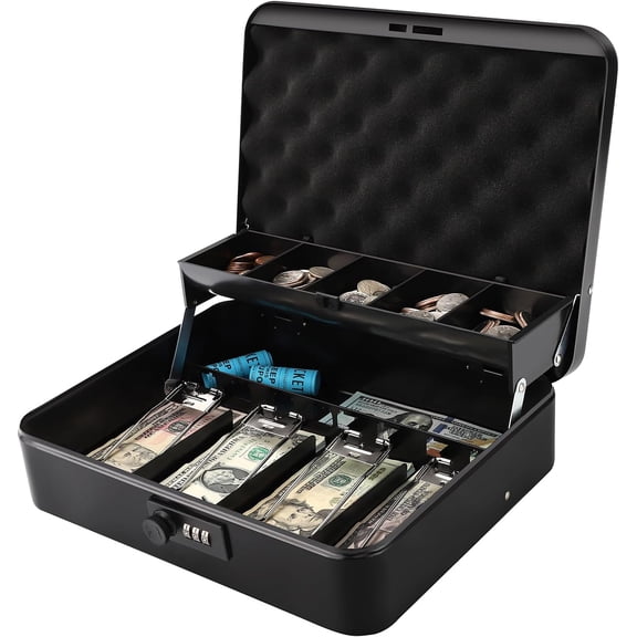 Large Cantilever Cash Box with Money Tray and Combination Lock, Metal Money Box with 5 Coin Compartments & 4 Bill Clips for Home or Business, 11.81", Black/Combo