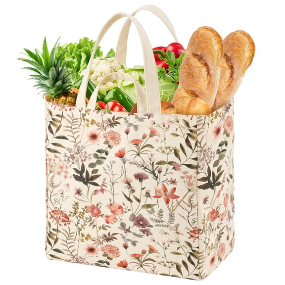 Large Canvas Grocery Tote Bag with 6 Inner Pockets Reusable Washable Shopping Shoulder Bag