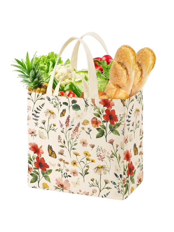 Large Canvas Grocery Tote Bag with 6 Inner Pockets Reusable Washable Shopping Shoulder Bag