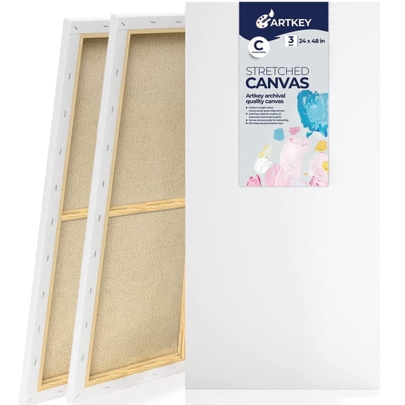 Artkey White Stretched Canvas for Paintings, 24"x48"-3 Pack,100% Cotton Acid-Free for Adult