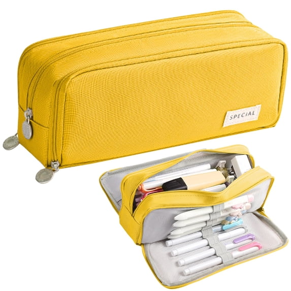 Large Canvas Pencil Case 3 Compartments – Multi-Functional Pen Pouch for School, Office, Travel, Makeup, Art Supplies, Durable Zipper Closure, 22x11.5cm (1PC)