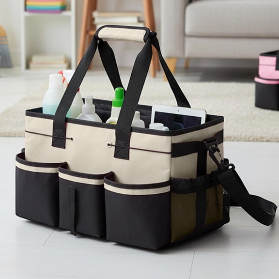 Large Canvas Tool Tote Bag, Heavy Duty Cleaning Organizer With Handle & Crossbody Strap, Multi-Functional Storage For Supplies & Gear White