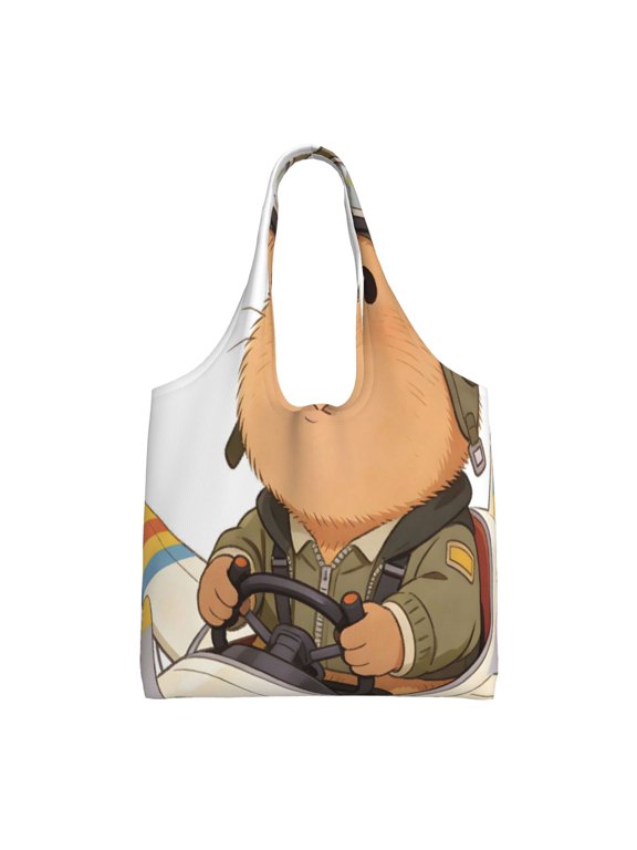 Large Canvas Tote Bag For Women Men Soft Shoulder Bag Lightweight For Groceries Work Commute Travel Reusable Shopping Bag Capybara Pilots A Plane