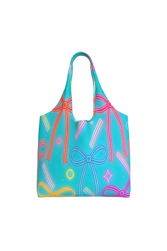 Large Canvas Tote Bag For Women Men Soft Shoulder Bag Lightweight For Groceries Work Commute Travel Reusable Shopping Bag Fluorescent Bow