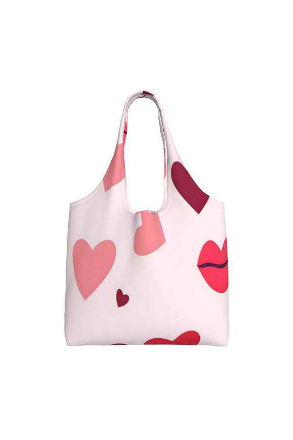Large Canvas Tote Bag For Women Men Soft Shoulder Bag Lightweight For Groceries Work Commute Travel Reusable Shopping Bag Red Lips And Hearts