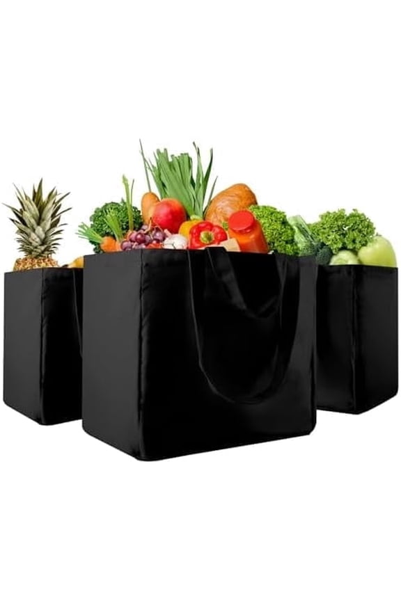 Unisex Foldable Cotton Tote Bag with Pouch, Black, 3-Piece