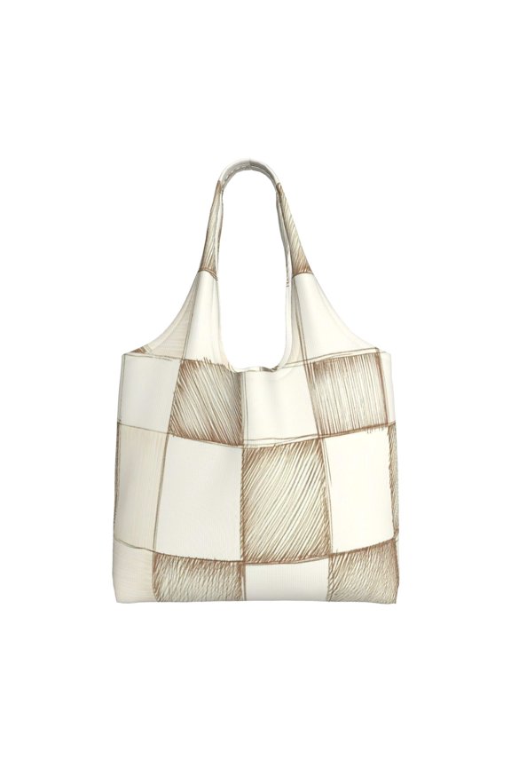 Large Canvas Tote Bag For Women Men Soft Shoulder Bag Lightweight For Groceries Work Commute Travel Reusable Shopping Bag Beige Checked Hand-Drawn Sketch_4
